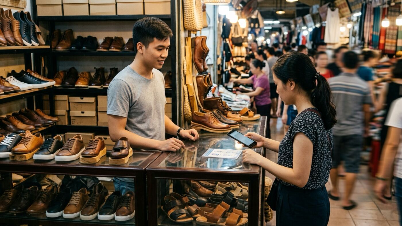 Khách mua giày quét bảng tạo mã qr thanh toán dán quầy